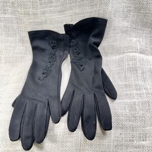 Hansen Black Nylasuede Gloves Lace Inset Size 6.5 Mid Century‎ Vintage